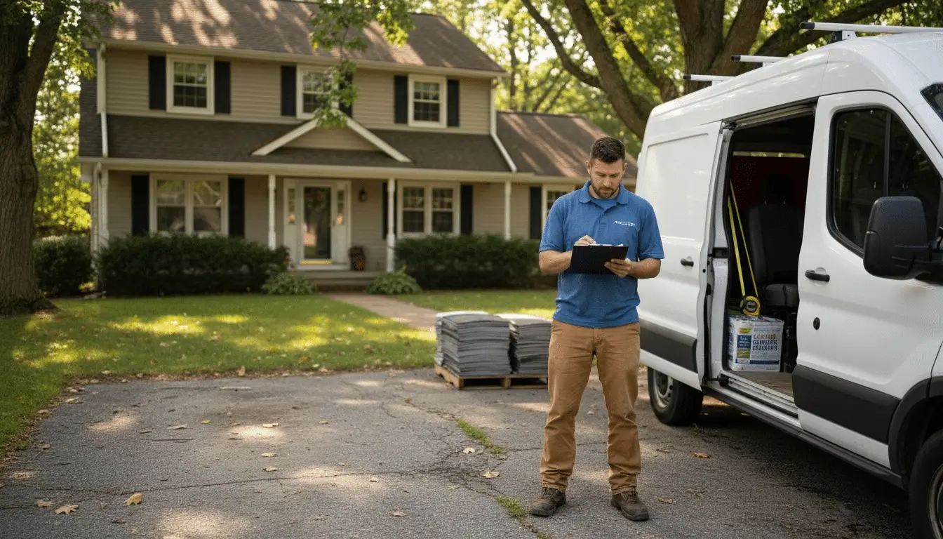 Contractor with a clipboard in a home's driveway beside an open work van