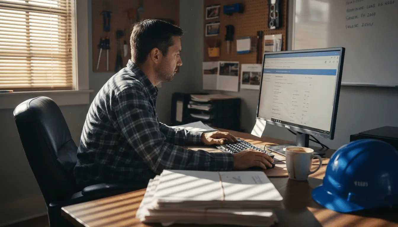 Restoration contractor at an office computer with a blue hard hat on the desk