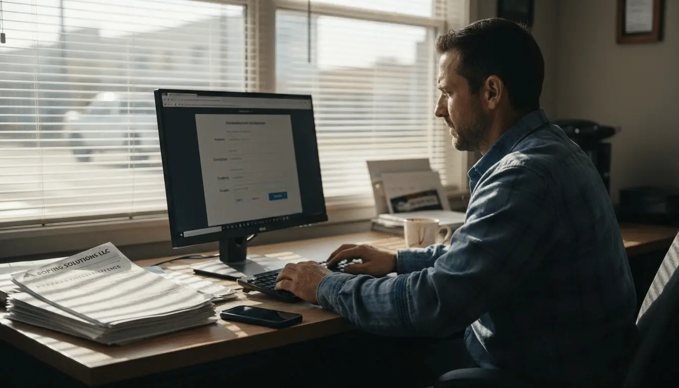 Contractor in a plaid shirt setting up an ad campaign on an office computer