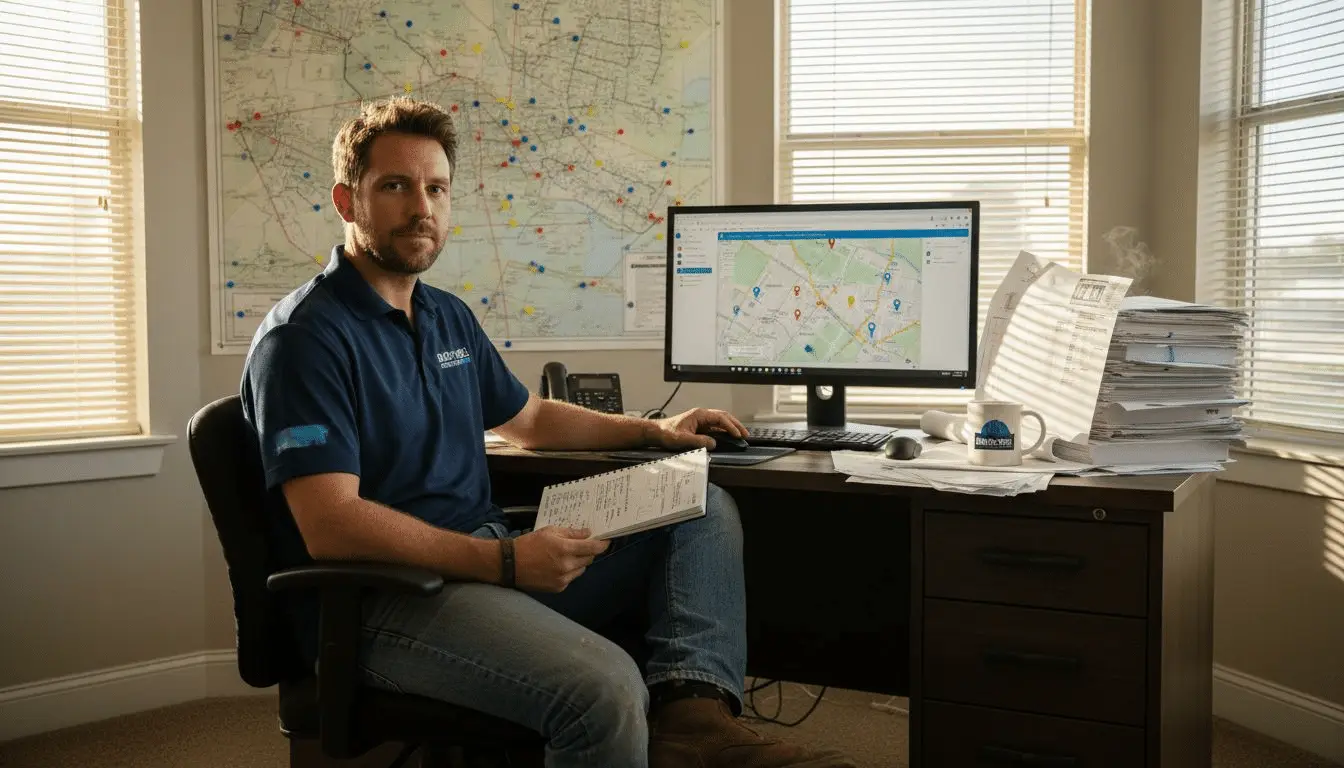 Contractor at his office desk with a service area map on the wall and screen