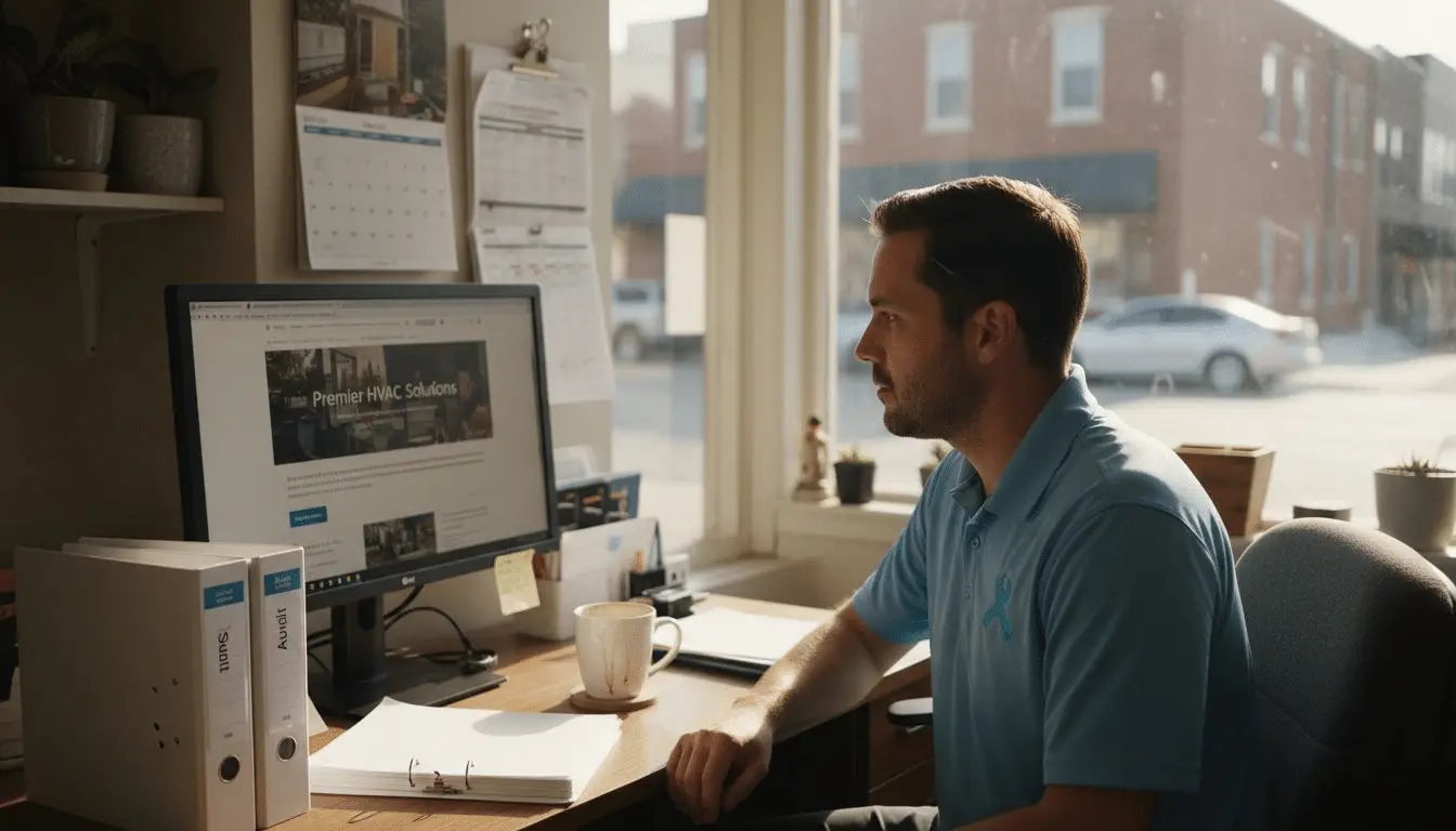 HVAC business owner at an office computer by a window onto the street