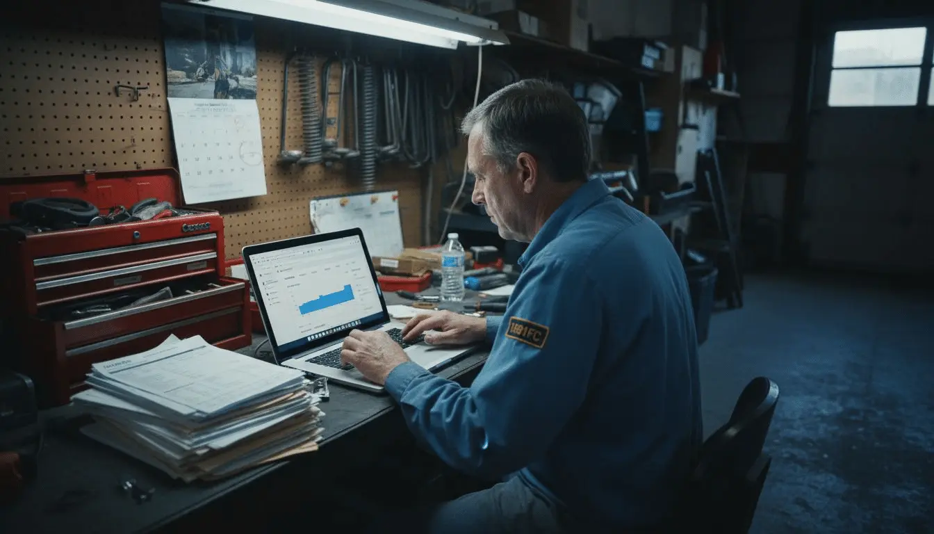 Garage door technician checking Google Ads laptop
