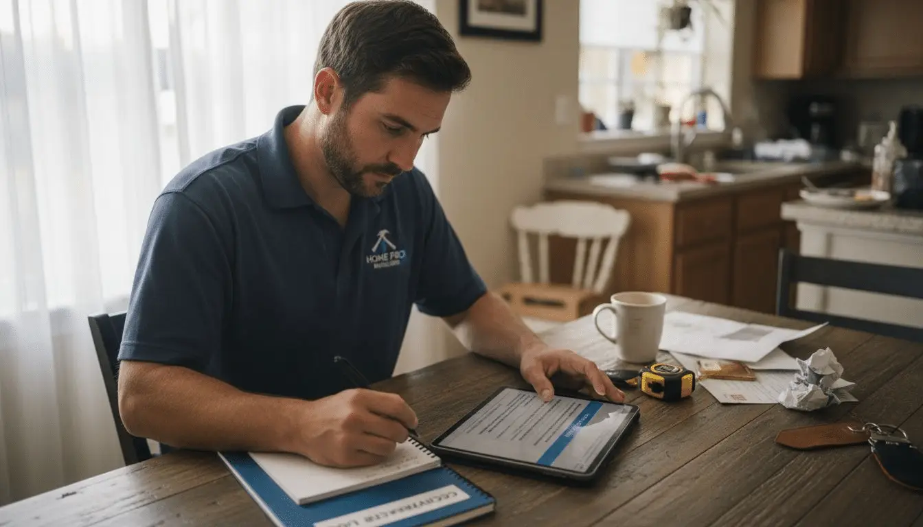 Contractor reviewing SEO keywords at kitchen table