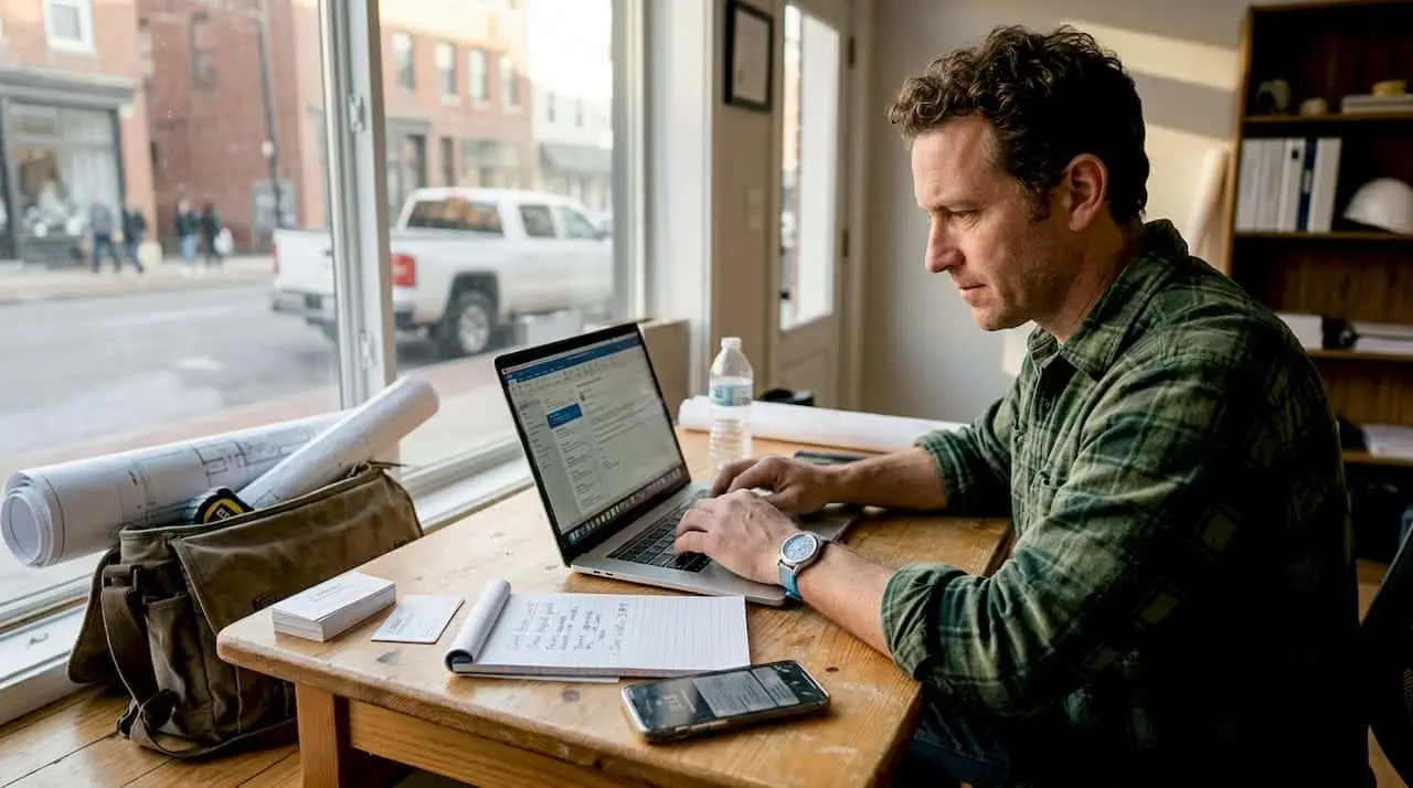 Contractor working on laptop in office