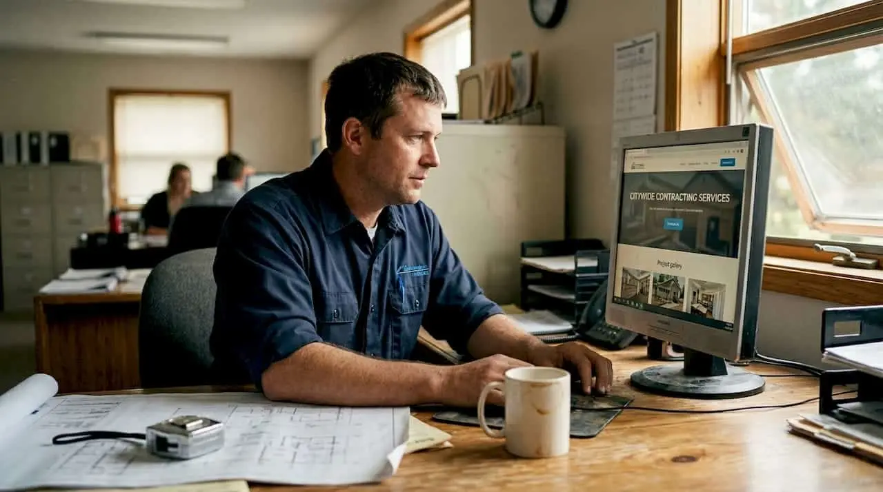 Contractor reviewing website in office for SEO