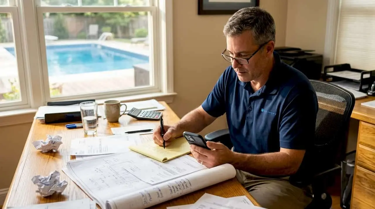 Pool company owner working at desk by window