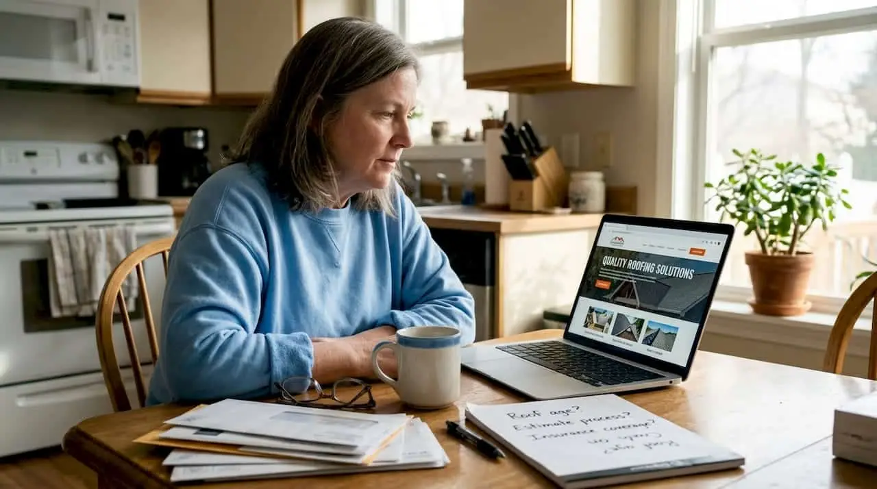 Homeowner researching roofers on laptop