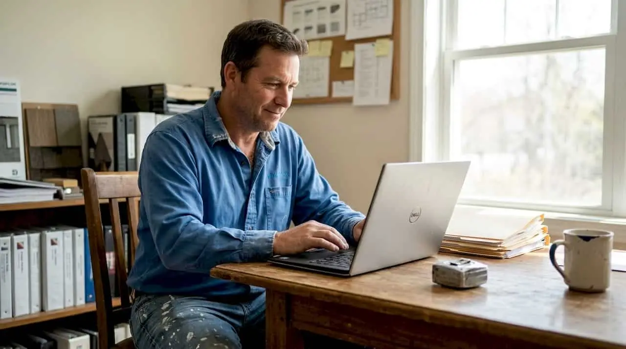 Contractor reviewing SEO strategy on laptop