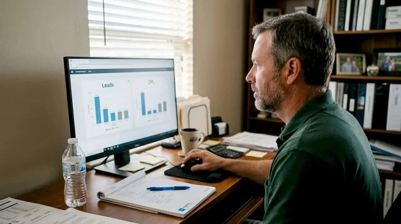 Roofing contractor reviewing digital marketing report