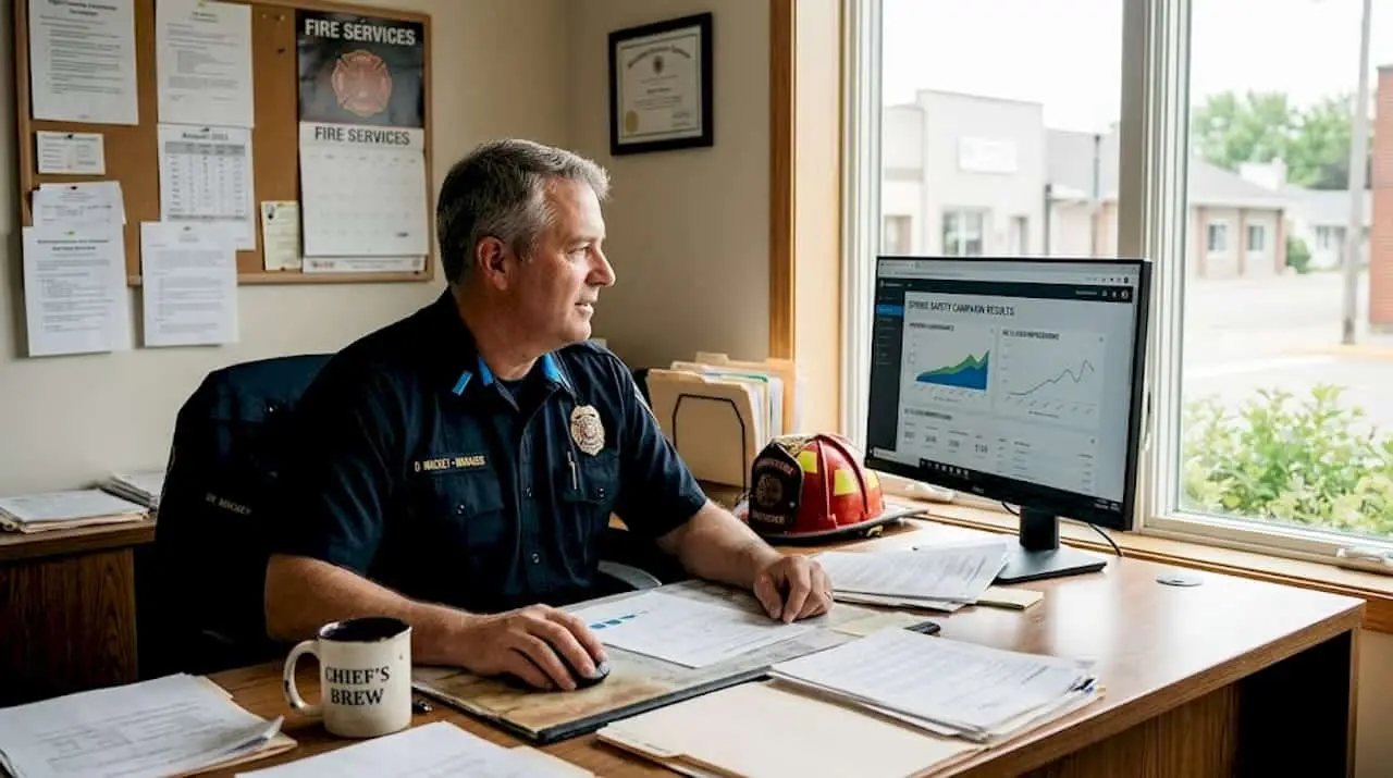 Fire manager checks advertising results at desk