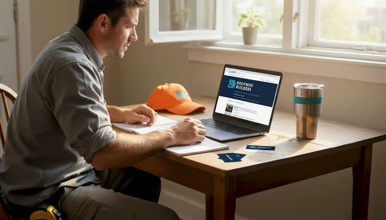 Roofer checking online reviews at kitchen table