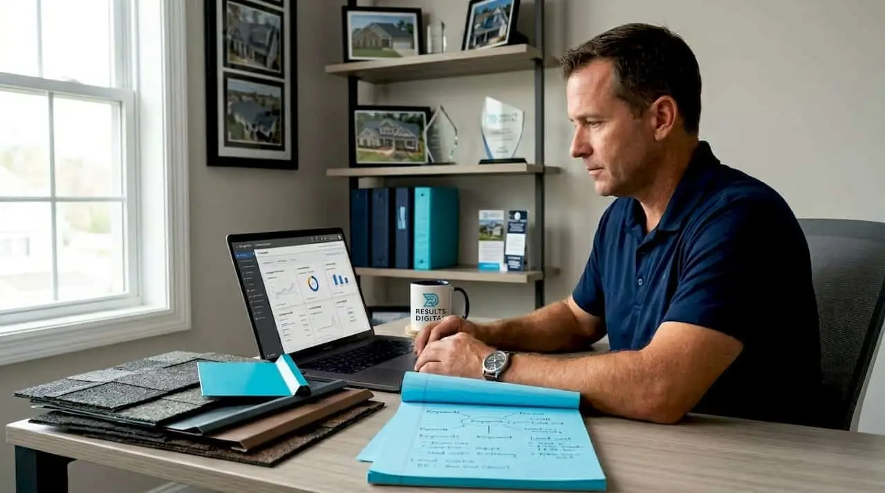 Roofing contractor reviewing local advertising channels
