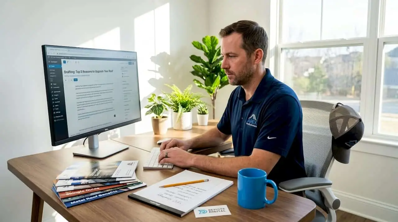 Roofer writing marketing content in home office