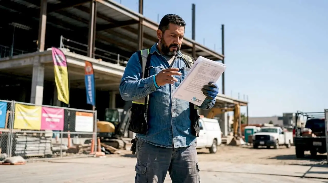 Contractor reviewing printed bids in onsite office