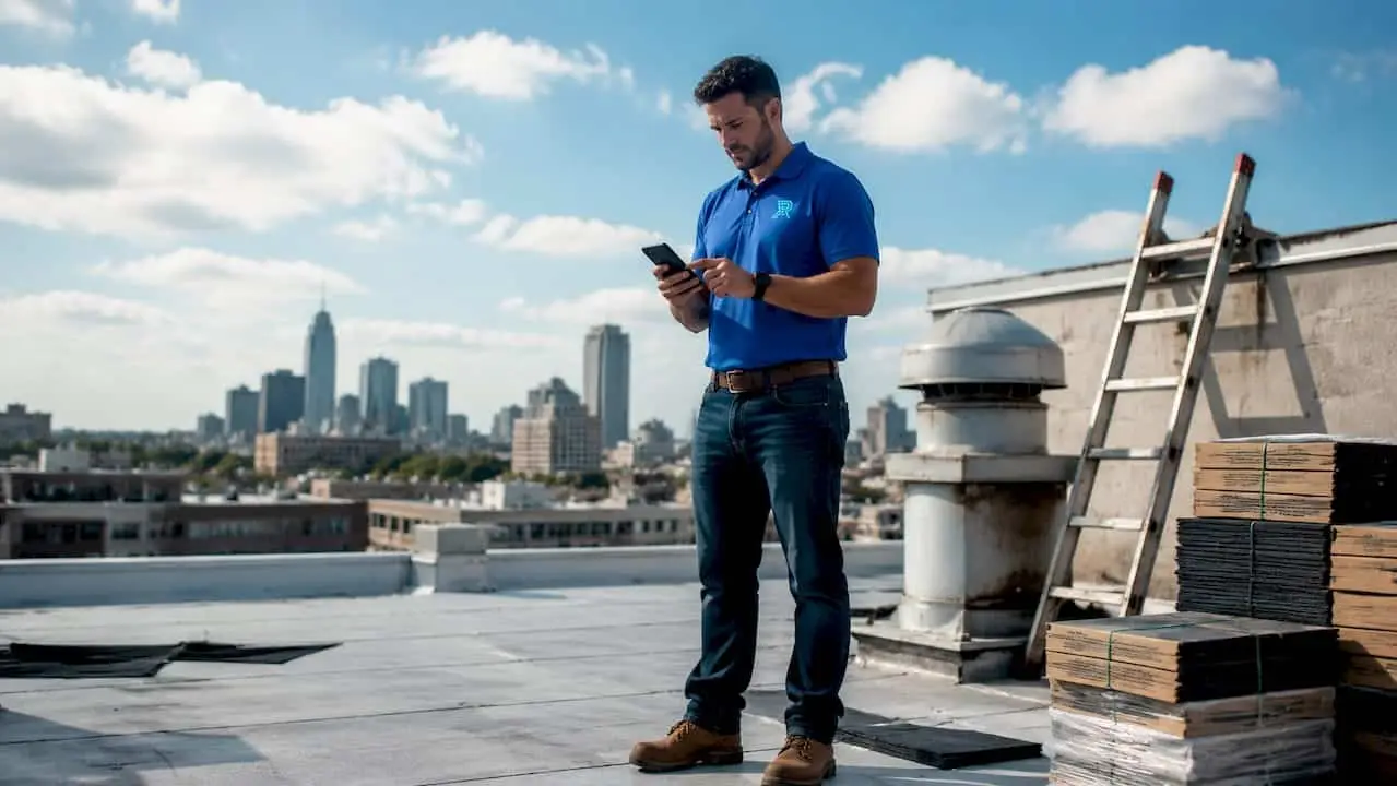 Roofer using smartphone on residential roof