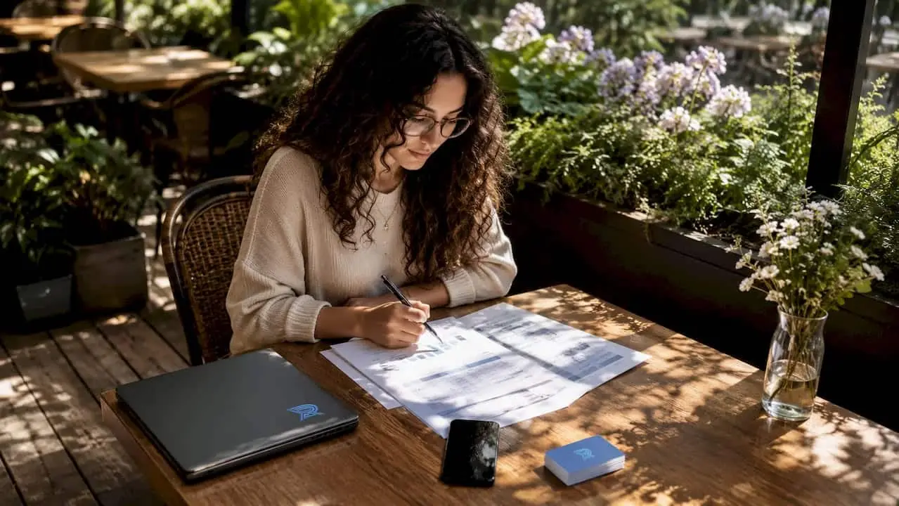 Woman planning contractor marketing strategies at desk
