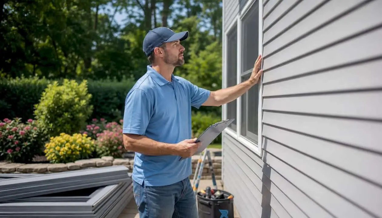 Contractor inspecting new siding on house exterior