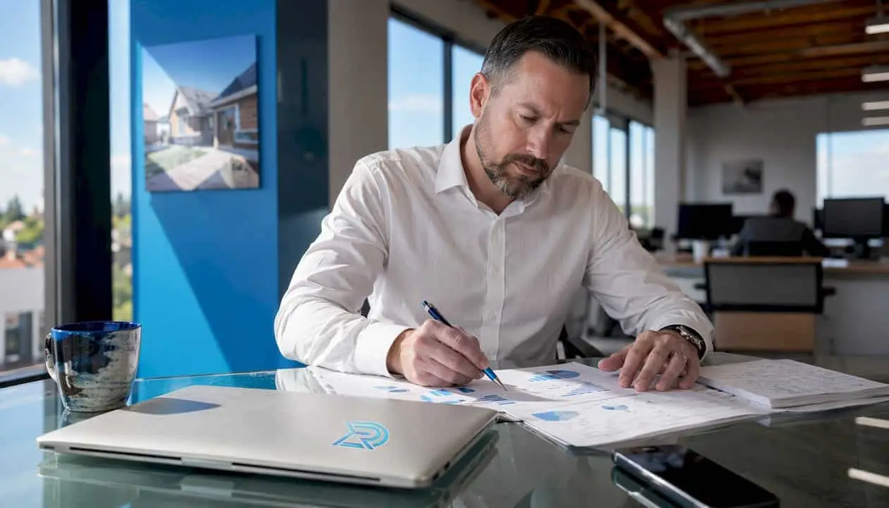 Marketing professional reviewing roofing ad reports