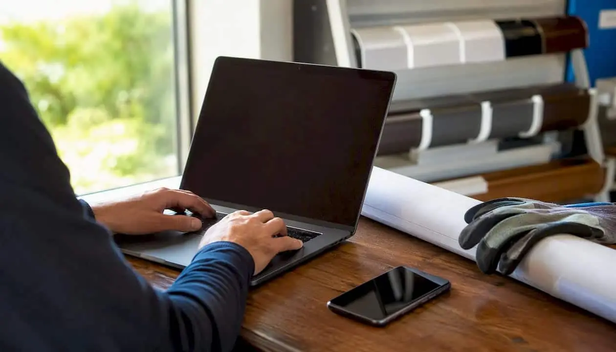 Contractor hands on laptop with gutter segment nearby