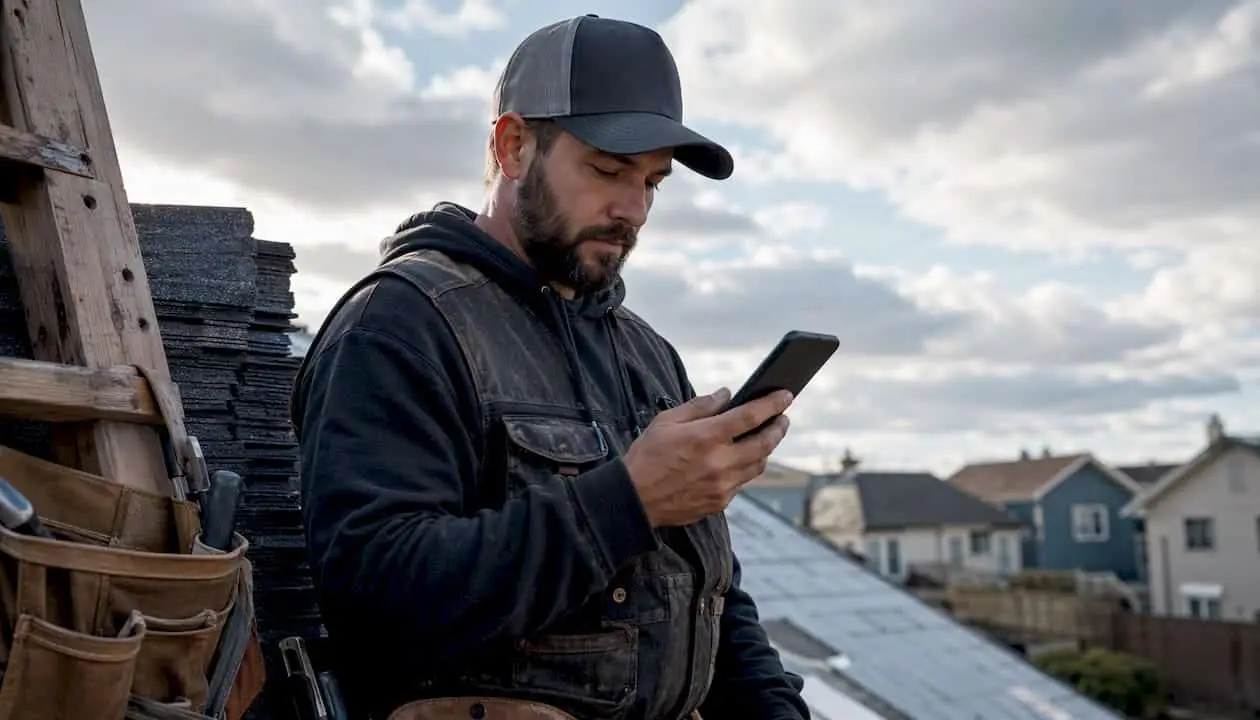 Roofing contractor checking email on phone