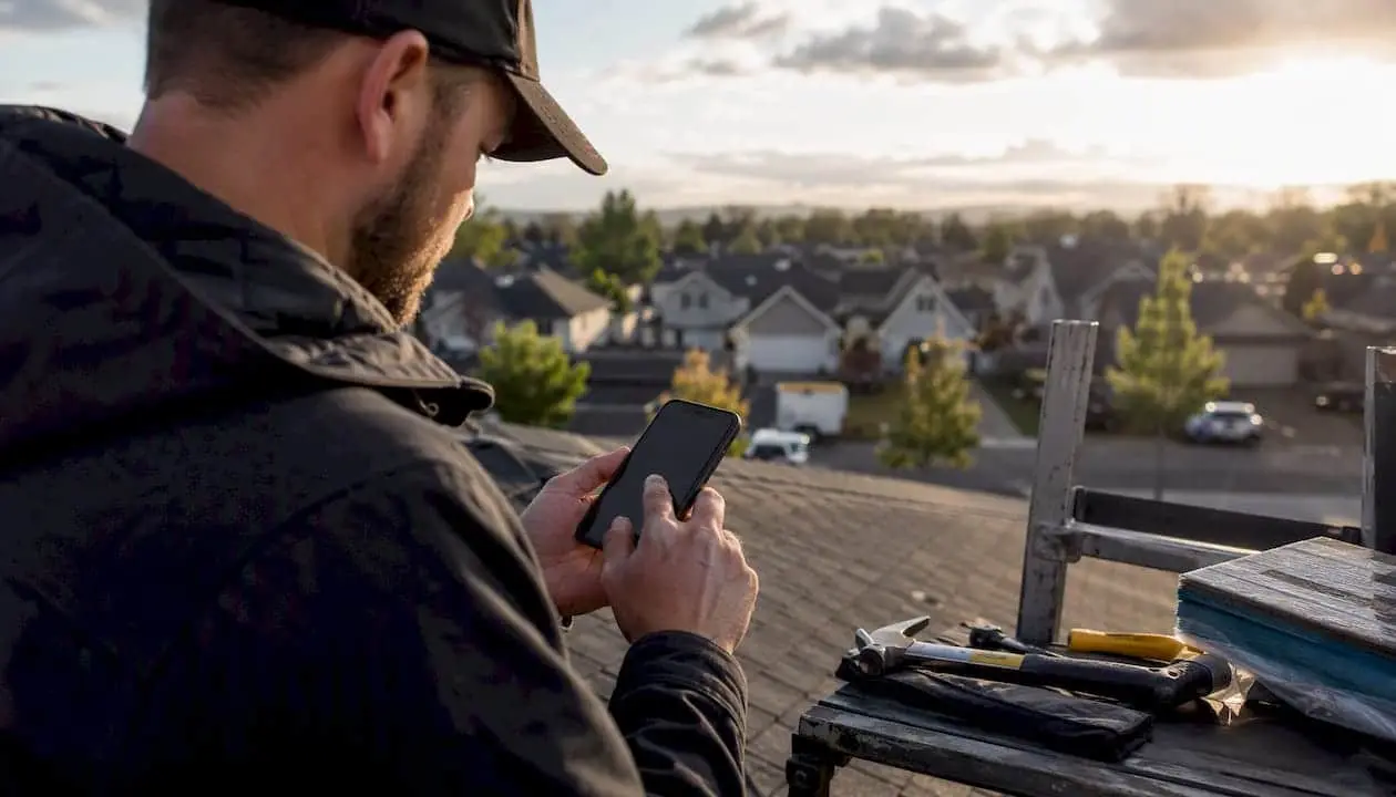 Contractor holding phone setting ads outdoor
