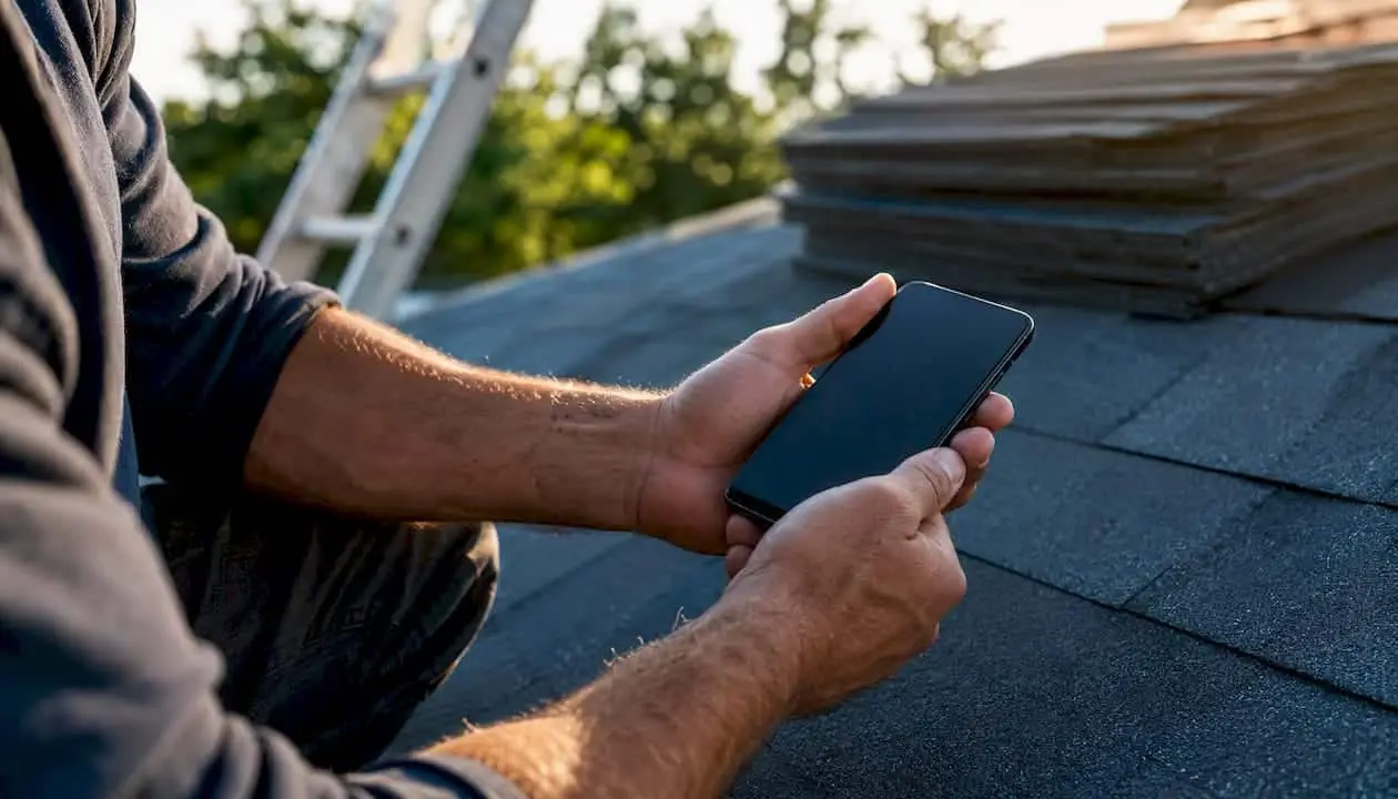 Contractor holding smartphone on roof