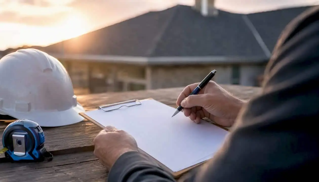 Hands managing roofing ad keyword list