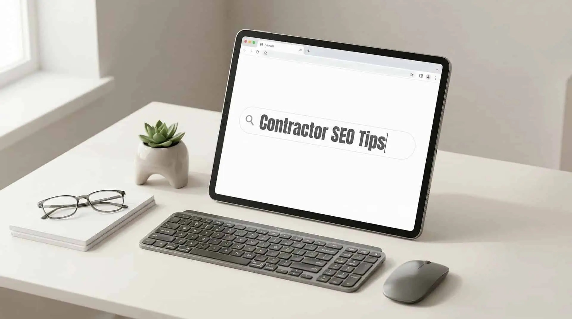 Tablet on a desk showing a search for contractor SEO tips