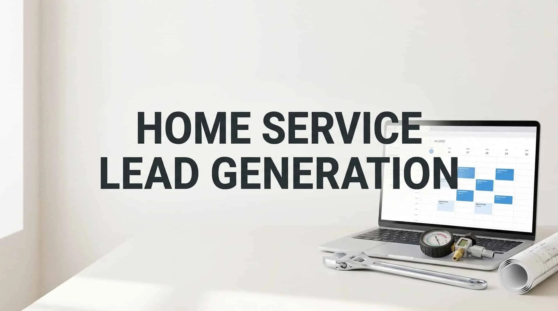 Title Home Service Lead Generation beside a laptop with a booking calendar and tools