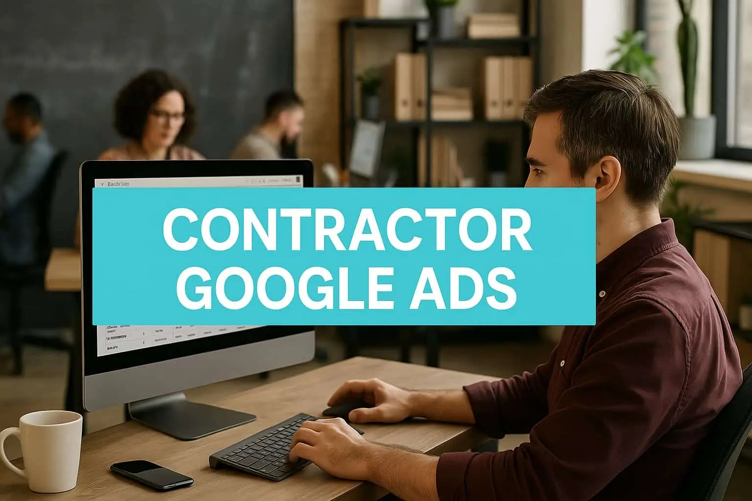 Marketer at a desktop computer in an office, with the title Contractor Google Ads