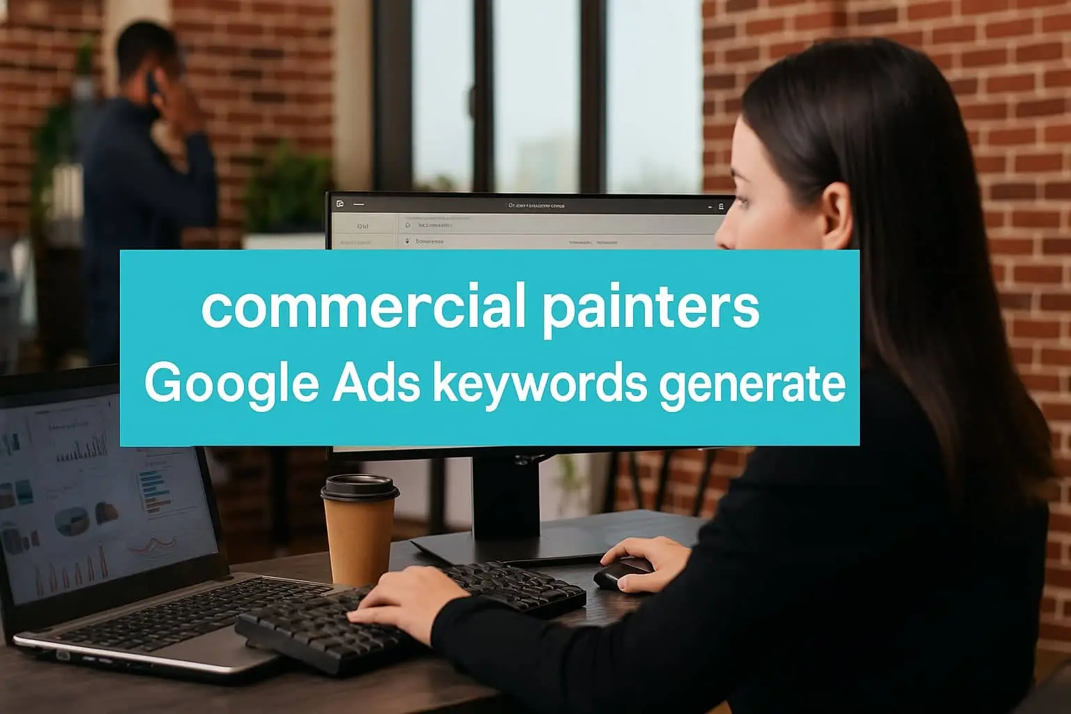 Marketer at a computer reviewing keywords, with the title Commercial Painters Google Ads Keywords