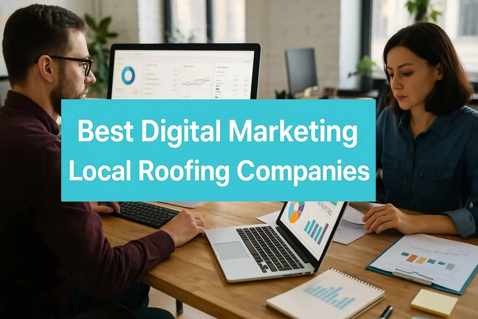 Two marketers at laptops with analytics charts, with the title Best Digital Marketing Local Roofing Companies