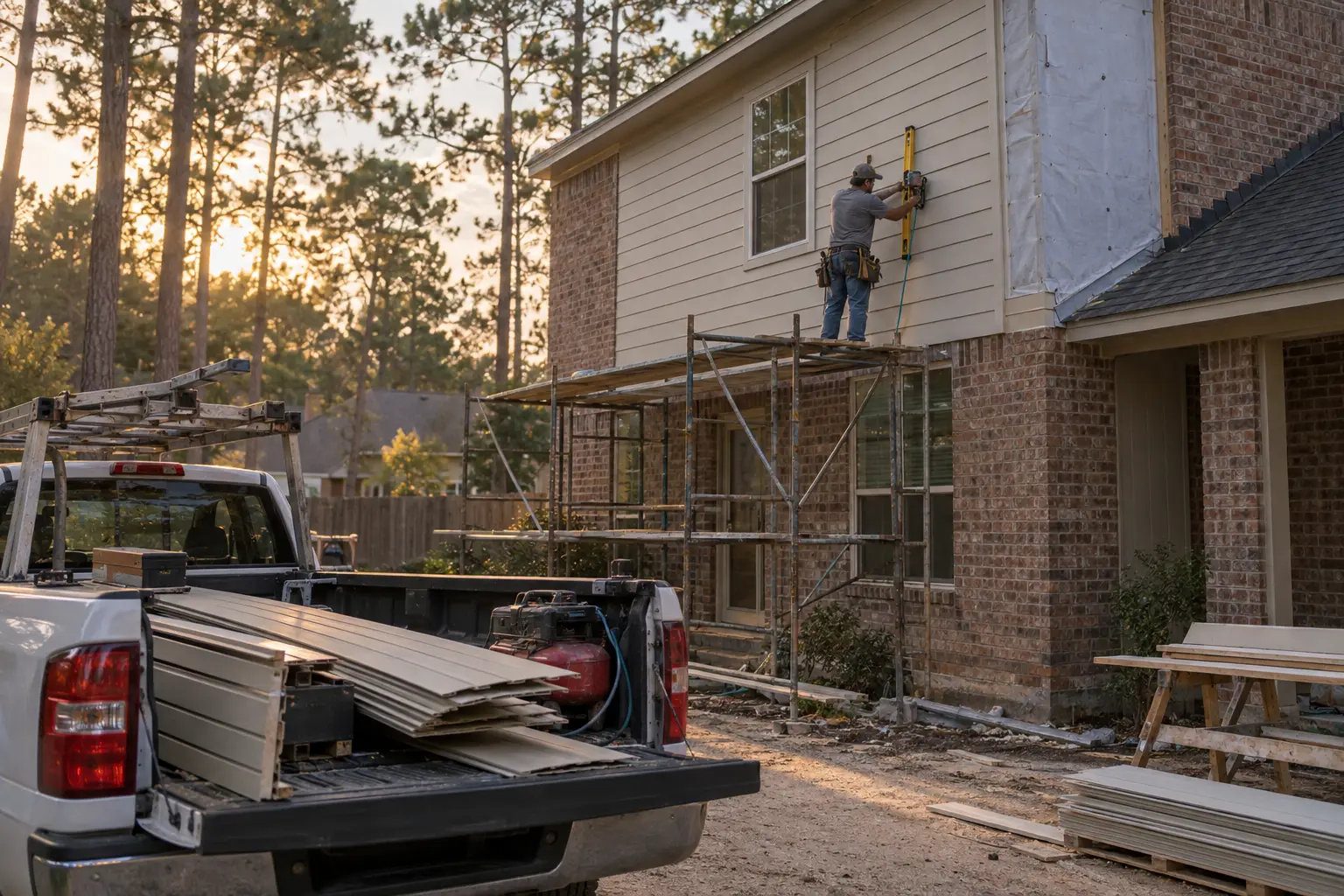 Contractor on scaffolding installing siding on a brick house, with siding panels stacked in a pickup truck bed