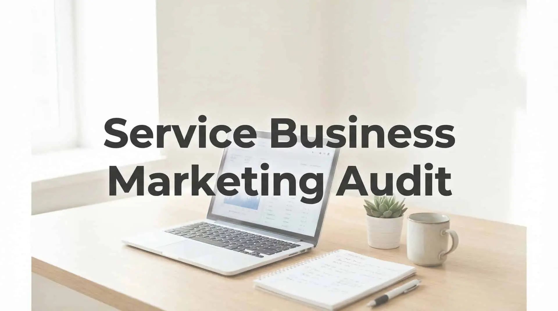 Title Service Business Marketing Audit above a laptop and notebook on a desk