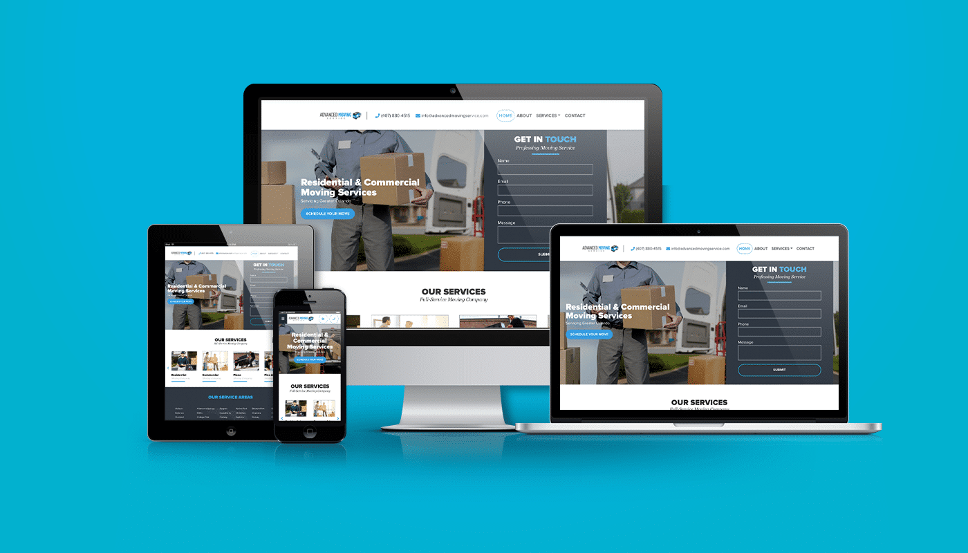 Image showcasing a responsive website design for a moving company, displaying services for residential and commercial moving, with contact form and call-to-action buttons, emphasizing digital marketing solutions for lead generation.