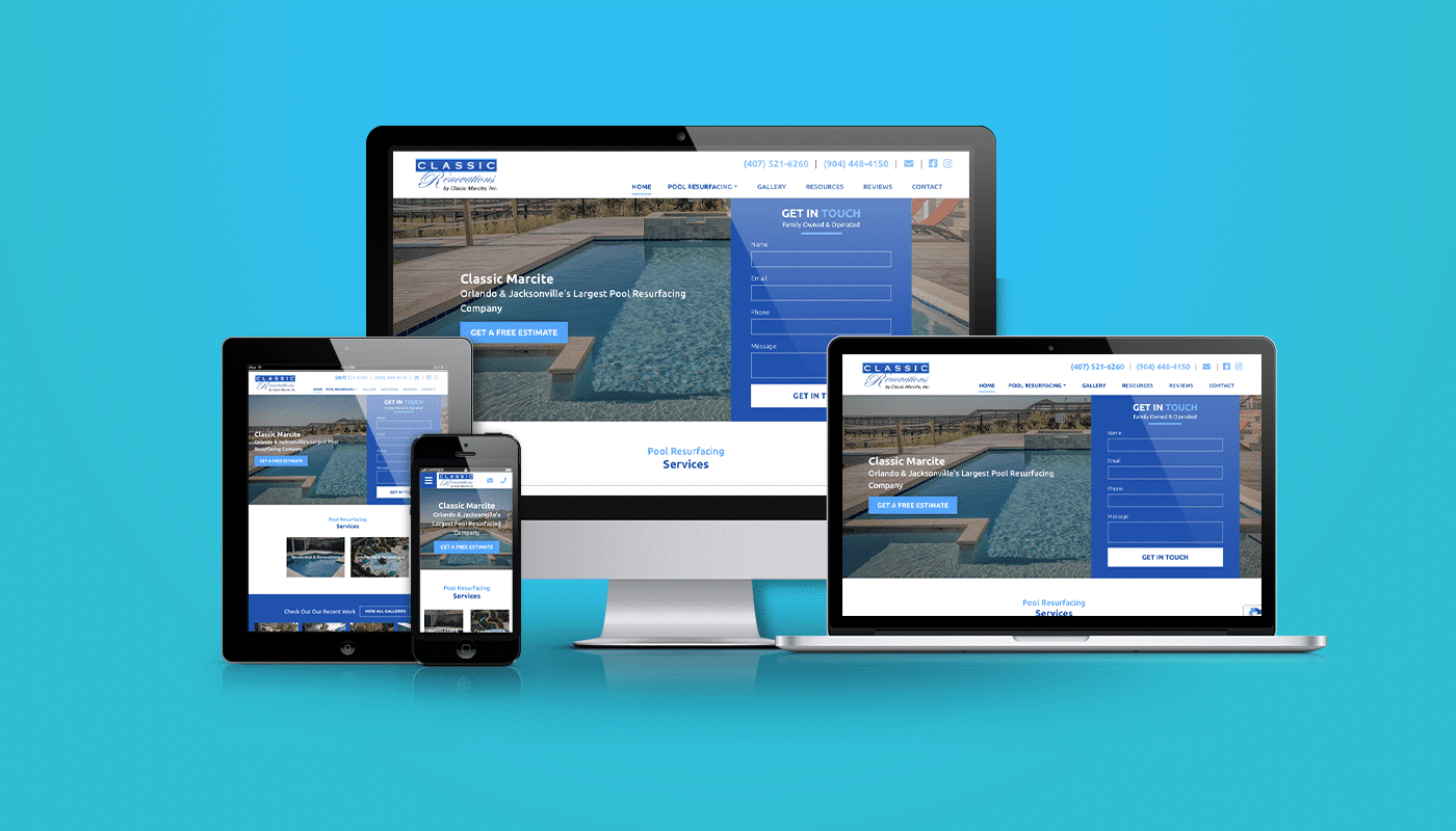 Image showcasing responsive web design for a pool resurfacing company, featuring multiple devices displaying the website with services, contact information, and a call to action for free estimates.