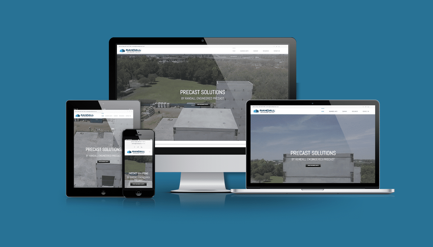 Website showcasing precast solutions by Randall Engineered Precast on multiple devices, emphasizing digital marketing for construction companies.