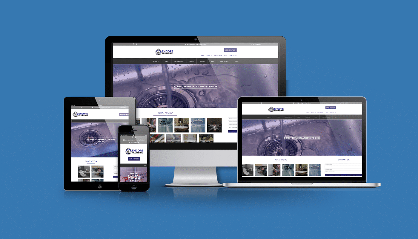 Multiple devices displaying the Encore Plumbing website, showcasing plumbing services with the tagline "Honest Plumbing at Honest Prices," emphasizing digital marketing for local plumbing businesses.