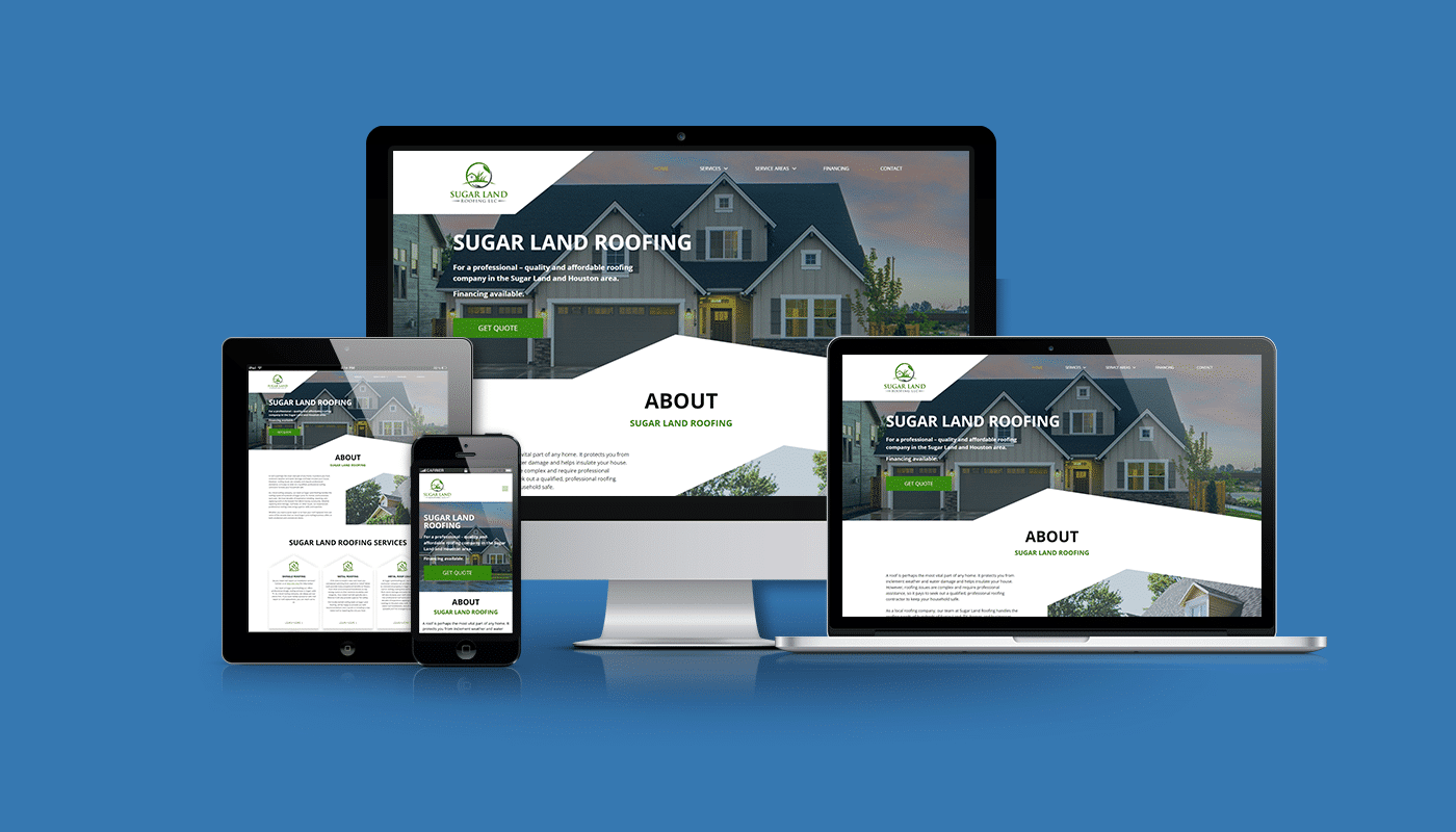 Sugar Land Roofing website displayed on multiple devices, showcasing digital marketing solutions for roofing services, emphasizing SEO and lead generation strategies.
