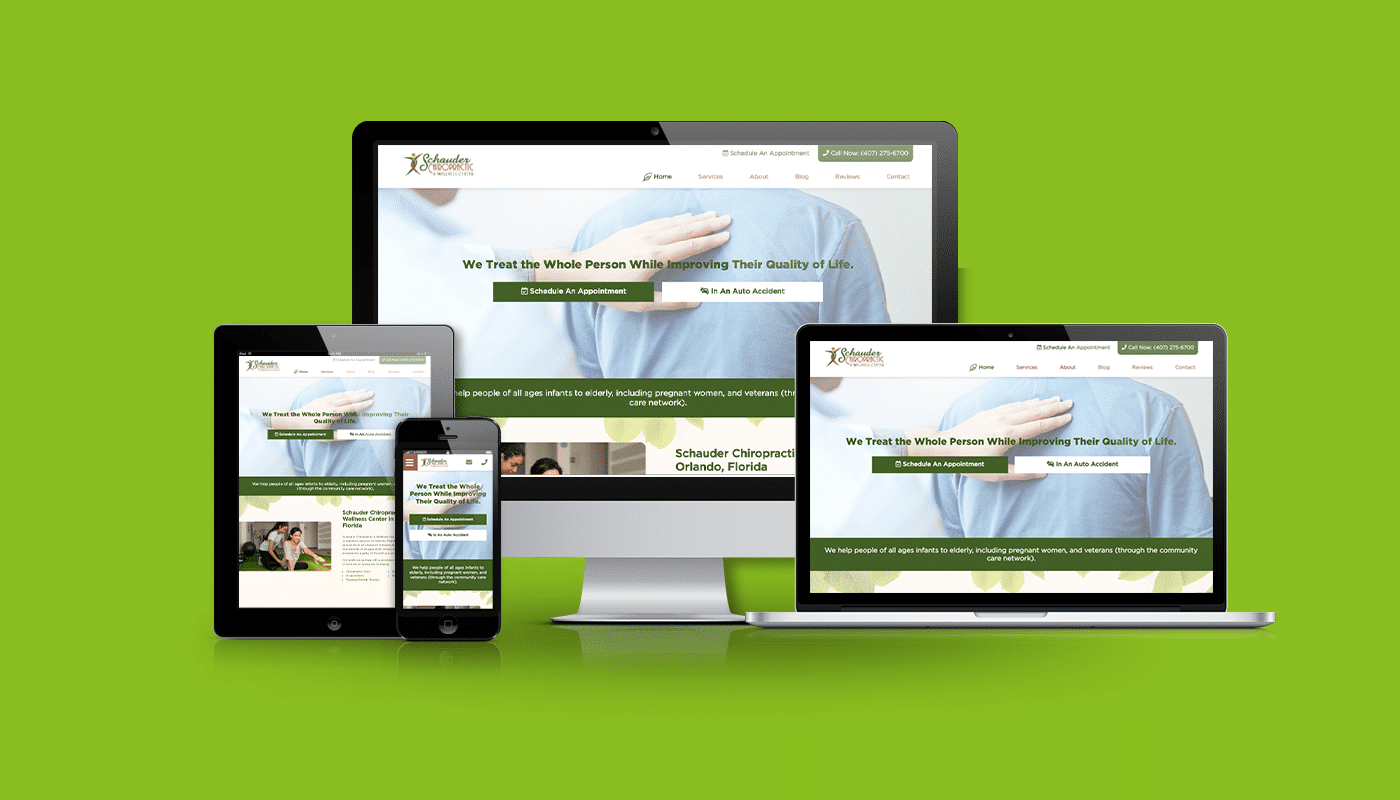 Chiropractic website displayed on multiple devices, showcasing appointment scheduling and holistic health messaging, emphasizing quality of life improvement.