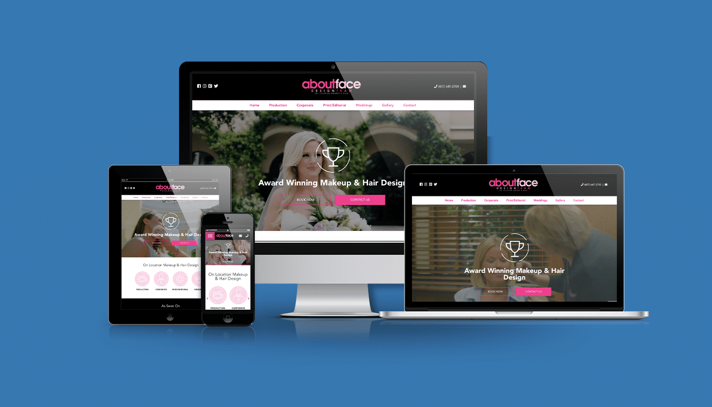 Multiple devices displaying the About Face Makeup & Hair Design website, featuring award-winning services and options to book appointments, highlighting digital marketing for beauty professionals.