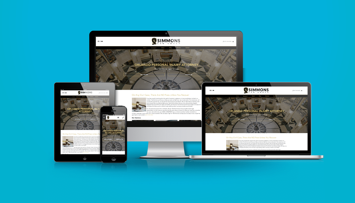 Image of multiple devices displaying the website of Simmons Law Group, featuring "Orlando Personal Injury Attorney" prominently, showcasing digital marketing effectiveness for legal services.