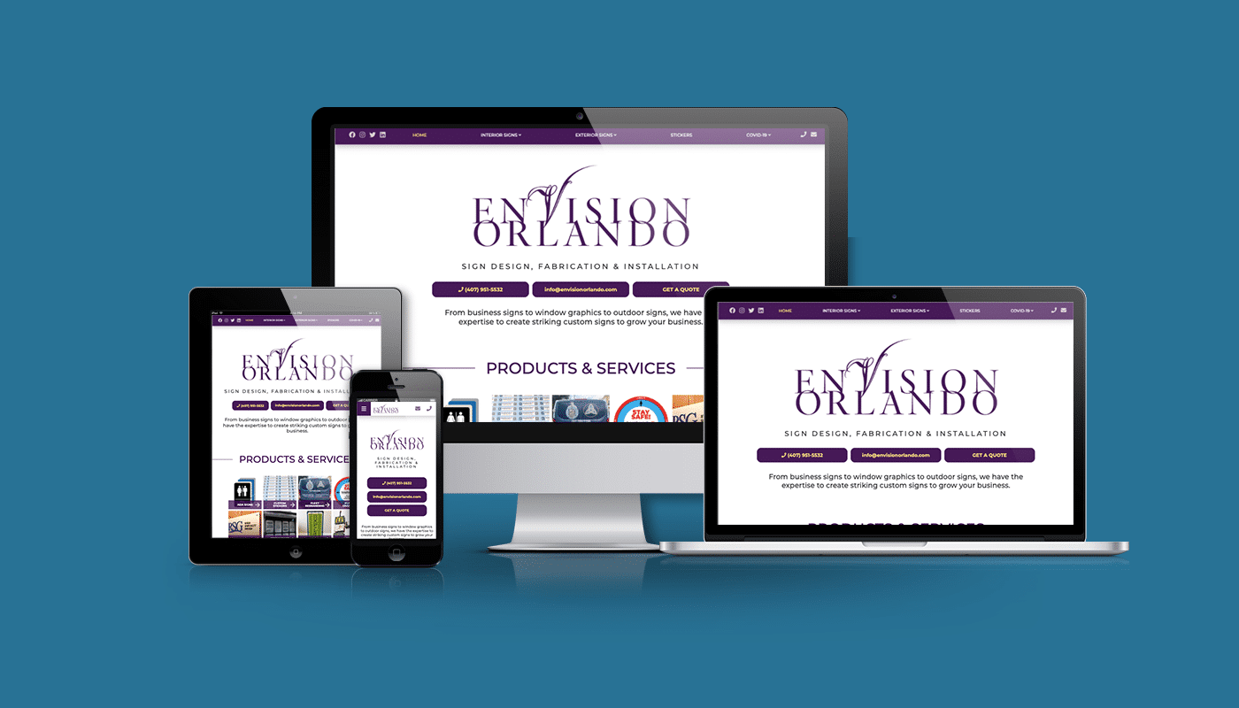 Image of multiple devices displaying the Envision Orlando website, showcasing sign design, fabrication, and installation services, emphasizing digital marketing for local businesses.