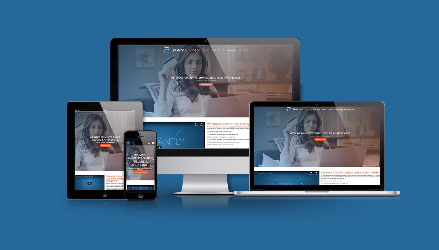 Multiple devices displaying the Paylynx website, showcasing digital payment solutions, emphasizing simplicity, security, and affordability for businesses.