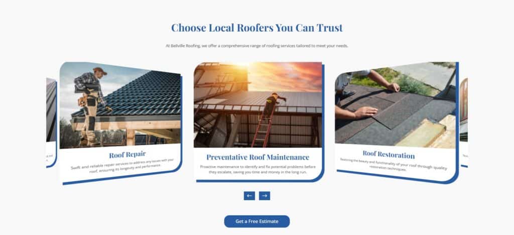 Image showcasing Bellville Roofing's services, including roof repair, maintenance, and restoration, with workers actively engaged in roofing tasks, emphasizing quality and reliability in roofing solutions.