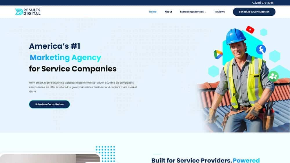 Results Digital website featuring a construction worker in a safety helmet and vest, promoting digital marketing solutions for service companies, with emphasis on roofing contractors.