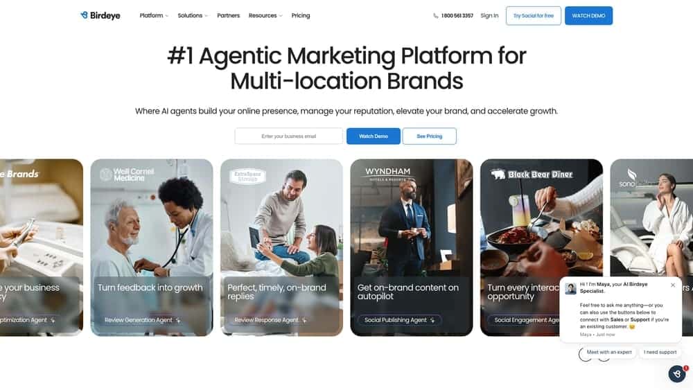BirdEye marketing platform homepage showcasing AI-driven solutions for multi-location brands, emphasizing online reputation management and automated review generation features.