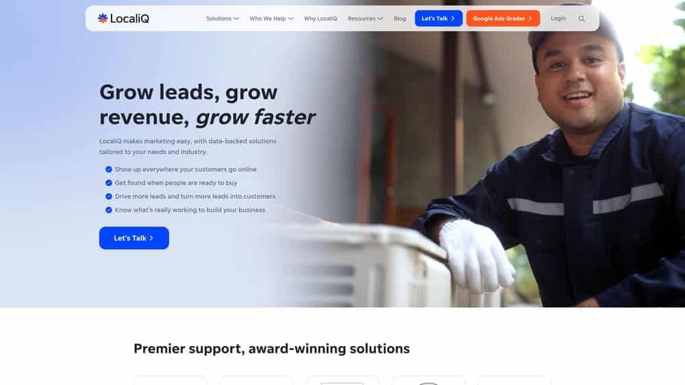 LocaliQ marketing platform interface showcasing lead generation and revenue growth strategies for roofing contractors, emphasizing tailored solutions and customer engagement.