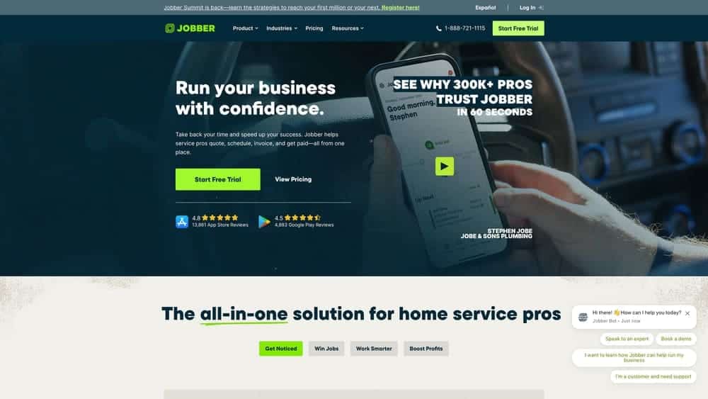 Jobber homepage showcasing all-in-one business management solution for service professionals, featuring a mobile device displaying user interface and customer communication options.