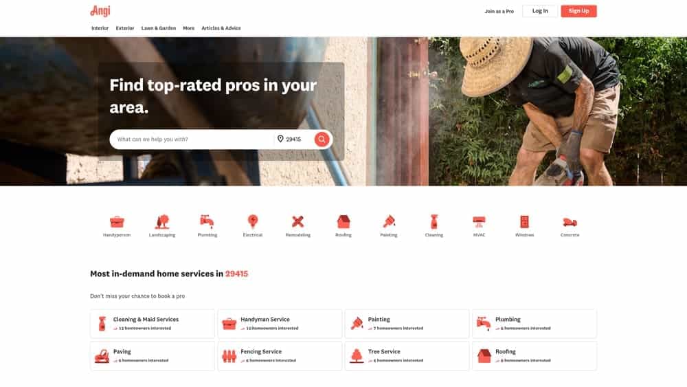 Angi Pro website interface showcasing lead generation tools for roofing contractors, featuring a search bar, service categories, and professional imagery, emphasizing consumer trust and visibility in home services.